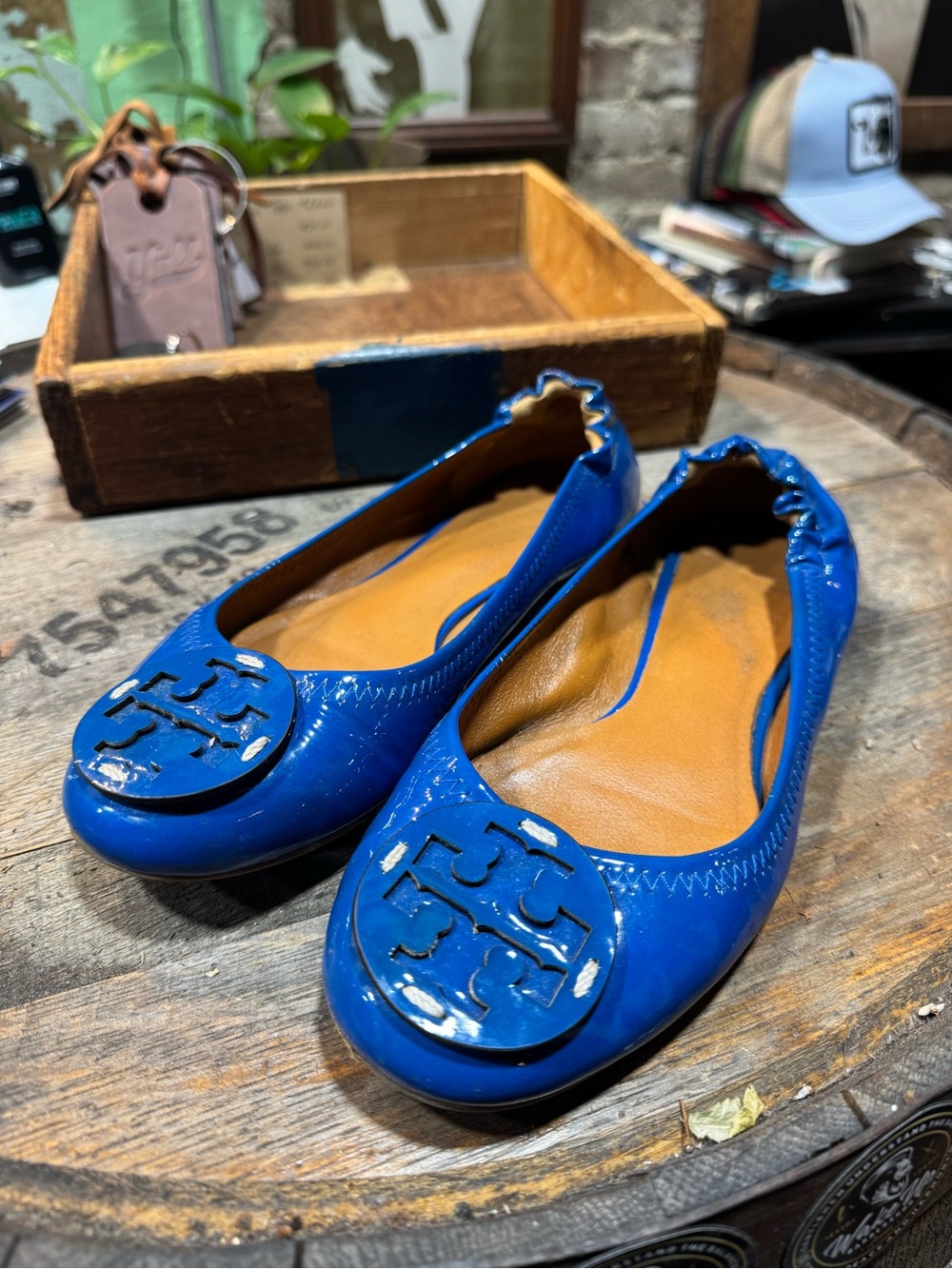 Tory Burch Blue Patent Leather Logo Ballet Flats